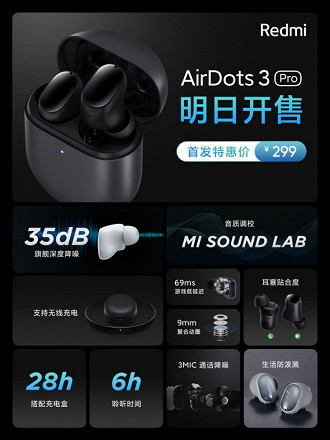 Características do fone de ouvido TWS Redmi AirDots Pro. Fonte: Xiaomi