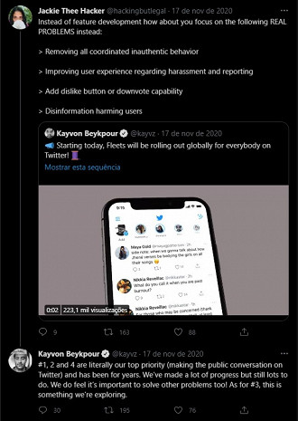 Resposta de Kayvon Beykpour sobre as funcionalidades que os pontos que o Twitter pretende trabalhar.