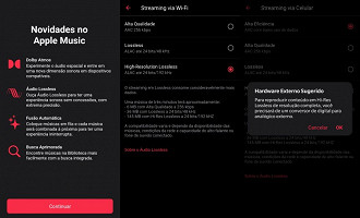 Telas do app Apple Music (v3.6) para Android, onde se exibe a mensagem de que é necessário um DAC (Digital to Analog Converter) externo para reproduzir conteúdo Hi-Res. Fonte: Vitor Valeri