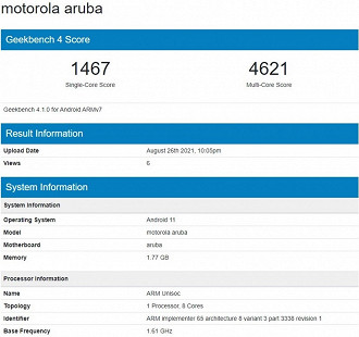 Listagem do aparelho Motorola Aruba, vulgo Moto E20. (Imagem:Reprodução/Geekbench)