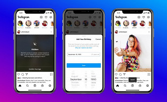 Capturas de tela mostrando o sistema de exigência da data de aniversário no Instagram. Fonte: Instagram