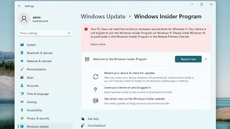 Aviso do Windows Update no Windows 11 sobre os requisitos mínimos necessários para o SO.