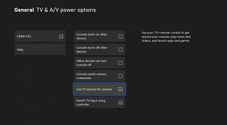 Captura de tela do menu no Xbox Series X onde as funcionalidades do HDMI-CEC são mostradas. Fonte: TheVerge