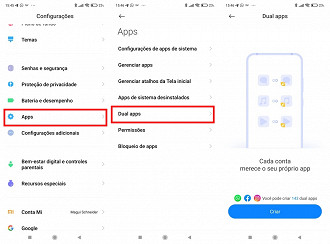 Configurações > Aplicativos > Dual Apps.