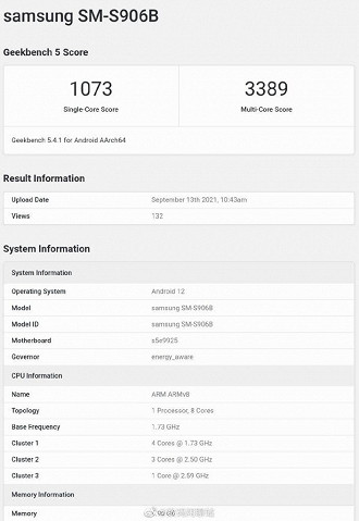 Resultado do benchmark do Galaxy S22. (Imagem: Reprodução / Geekbench)