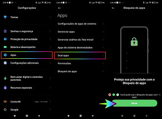 Configurações > Apps > bloqueio de apps > Ativar.