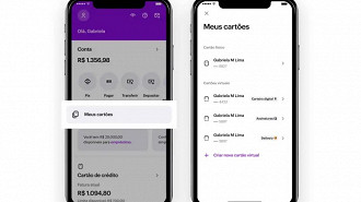 Captura de tela do app Nubank mostrando a opção de acesso aos cartões virtuais e ao físico. Fonte: Nubank