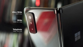 Sistema de câmeras triplo do celular Microsoft Duo 2. Fonte: TheVerge Sistema de câmeras triplo do celular Microsoft Duo 2. Fonte: TheVerge