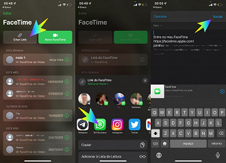 Facetime > Criar Link > App e Contato > Enviar.