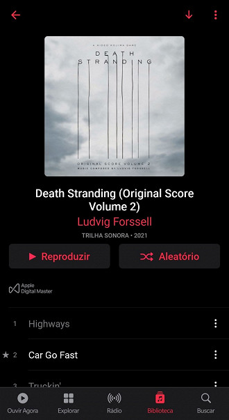 Álbum Death Stranding Original Score Vol. 2 no serviço de streaming Apple Music. Fonte: Vitor Valeri
