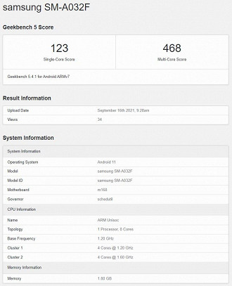 Resultado de benchmark do Galaxy A03 realizado pelo Geekbench. (Imagem: Reprodução/Geekbench)