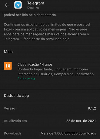 Marca de 1 bilhão de downloads do app Telegram na Play Store. Fonte: Vitor Valeri