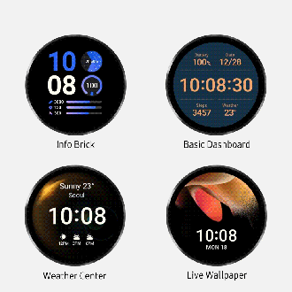 Novas novas watchfaces que chegaram com a atualização do Galaxy Watch 4. Fonte: Samsung Novas novas watchfaces que chegaram com a atualização do Galaxy Watch 4. Fonte: Samsung