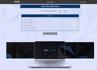 Captura de tela da seção de simulação de locação de notebooks da Avell.