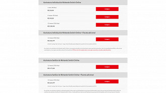 Captura de tela da lista de preços da assinatura do Nintendo Switch Online. Fonte: Nintendo