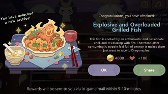 Captura de tela mostrando a conclusão de uma receita de peixe grelhado. Fonte: miHoYo