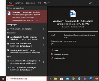 Captura de tela da janela do Windows Search (Pesquisa do Windows) no modo escuro. Fonte: Vitor Valeri