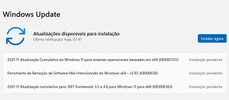 Captura de tela do Windows Update com a atualização KB5007215 para Windows 11. Fonte: Nicolas Muller (Oficina da Net)