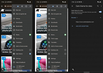 Captura de tela do Chrome 96 mobile mostrando a opção de tema escuro para sites específicos. Fonte: androidpolice