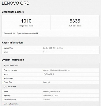 Resultado do benchmark do GeekBench v5 mostrando o chipset Snapdragon 8cx Gen 3. Fonte: geekbench.