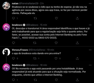 Captura de tela de respostas do perfil oficial do Bradesco no Twitter. Fonte: Vitor Valeri