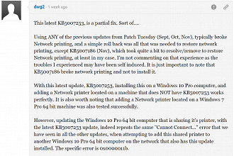 Relato de usuário no site bleepingcomputer sobre o problema de impressoras em rede.