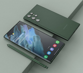 Rendeização do Galaxy S22 Ultra em verde junto com a S Pen. (Crédito: LetsGoDigital/Reprodução)