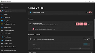 Opções da função Always On Top no PowerToys.