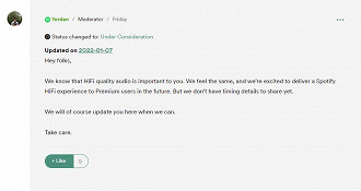 Declaração de um funcionário do Spotify sobre a implementação do Hi-Fi. Fonte: Spotify