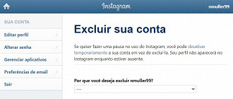 Página de exclusão do Instagram