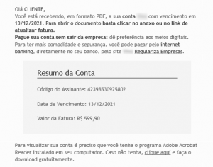 Email com fatura falsa para pagamento via Pix. Fonte: Kaspersky