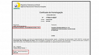 Certificado de Conformidade Técnica do Huawei P50 Pro. (Crédito: Anatel/Reprodução)