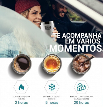 Tempo que os copos térmicos Philco mantem a temperatura dos líquidos. Fonte: Philco Tempo que os copos térmicos Philco mantem a temperatura dos líquidos. Fonte: Philco