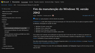 Captura de tela da página da Microsoft informando sobre o fim do suporte ao Windows 10 versão 20H2. Fonte: Microsoft