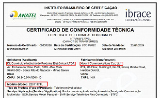 Certificado de Homologação do modelo 220117TL, código do Redmi Note 11 Pro (Crédito: Anatel/Reprodução)