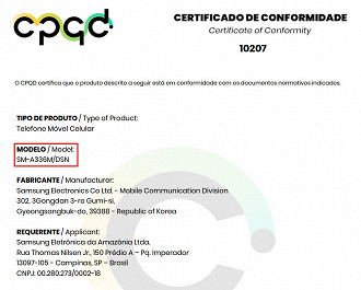 Trecho do Certificado de Conformidade do Galaxy A33 5G (Crédito: Anatel/Reprodução)