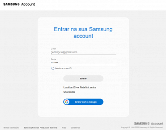 No site você faz login na conta Samsung
