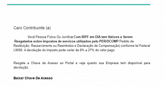 Mensagem que está sendo enviada pelos golpistas (Crédito: Receita Federal/Reprodução)