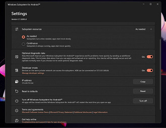 Captura de tela das configurações do Windows Subsystem for Android.