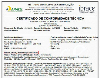 Certificado do Realme 9 Pro Plus (Crédito: Anatel/Reprodução)