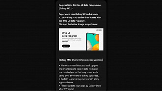 Programa de testes do Android 12 para o Samsung Galaxy M32. Fonte: SamMobile