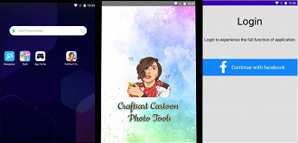 Capturas de tela do aplicativo malicioso Craftsart Cartoon Photo Tools para Android. Fonte: bleepingcomputer