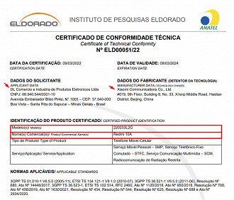 Certificado de Conformidade Técnica do Redmi 10A (Crédito: Oficina da Net)
