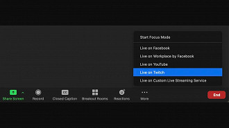 Captura de tela mostrando a opção para realizar uma live na Twitch.