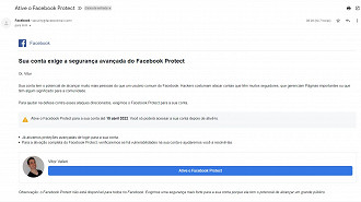 Captura de tela do e-mail enviado pelo Facebook. Fonte: Vitor Valeri