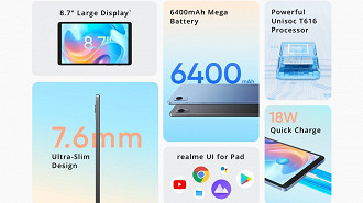 Resumo das principais características do novo tablet realme Pad Mini. Fonte: GSMArena