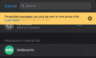 Captura de tela mostrando o aviso de limitação do número de compartilhamentos. Fonte: WABetaInfo