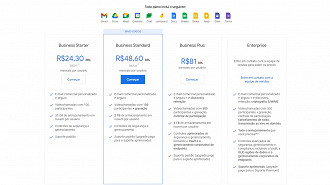 Captura de tela dos planos pagos do Google Workspace Business. Fonte: Google