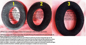 1 - Pads de voludo sujas antes da limpeza; 2 - Pads limpas com fita durex; 3- Pads com limpeza de Karpex e amaciante. Foto por: Renato Nakin