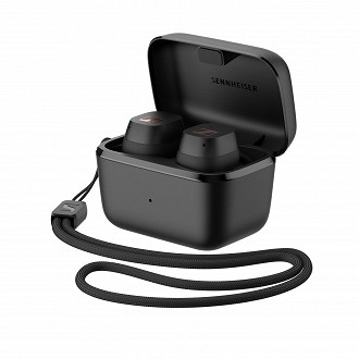 Fone de ouvido in-ear TWS Sennheiser Sport True Wireless em sua case de carregamento. Fonte: Sennheiser